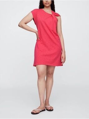 Gap Factory Coral Pink Slub Knit Mini Dress Tie Sleeve 100% Cotton Casual